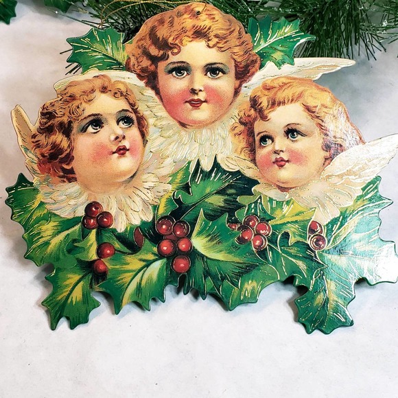2 Shackman & Co Triple Angels Cardboard hanging Vintage Christmas Ornaments 1993 - Picture 2 of 11